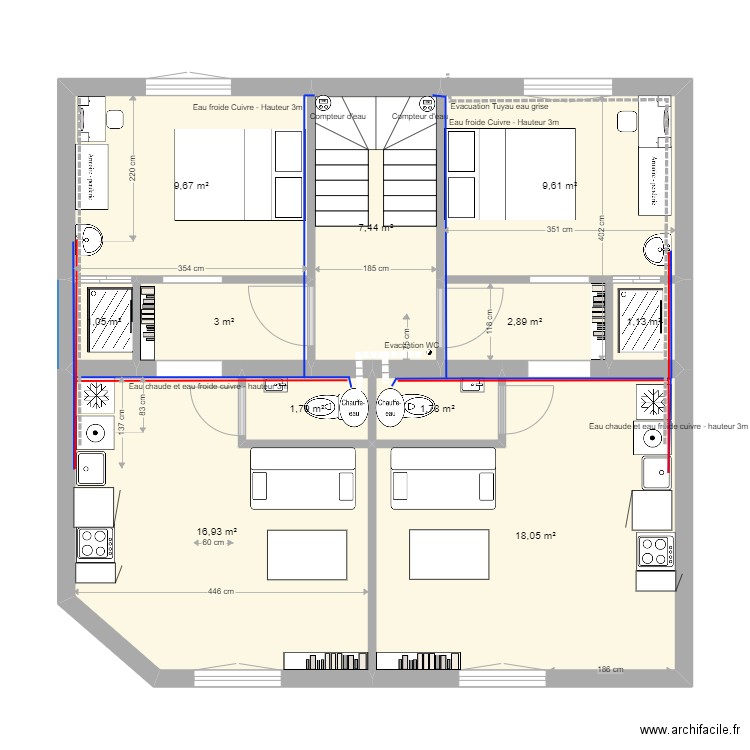 Abbaye 32-Sept-2_Plomberie. Plan de 11 pièces et 73 m2