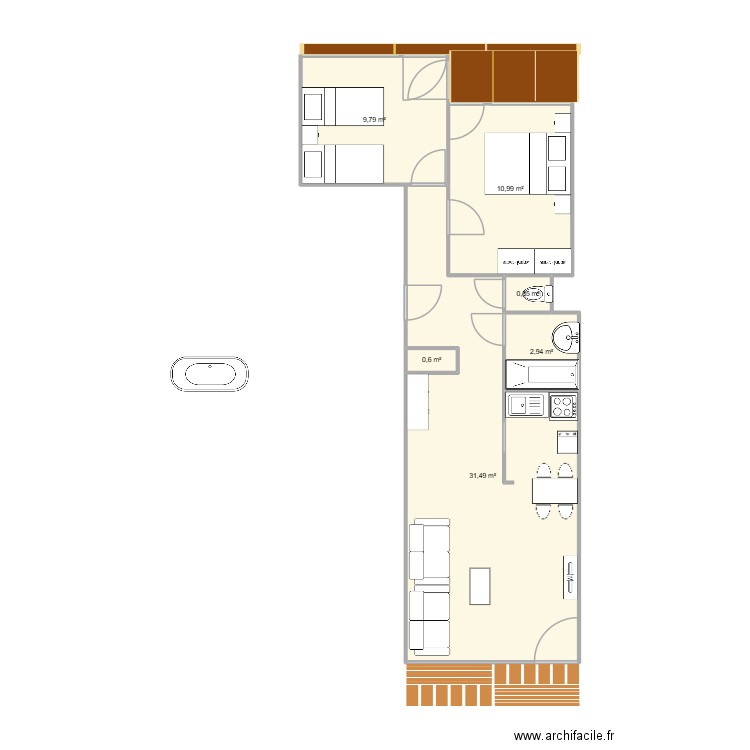 wetende. Plan de 6 pièces et 57 m2
