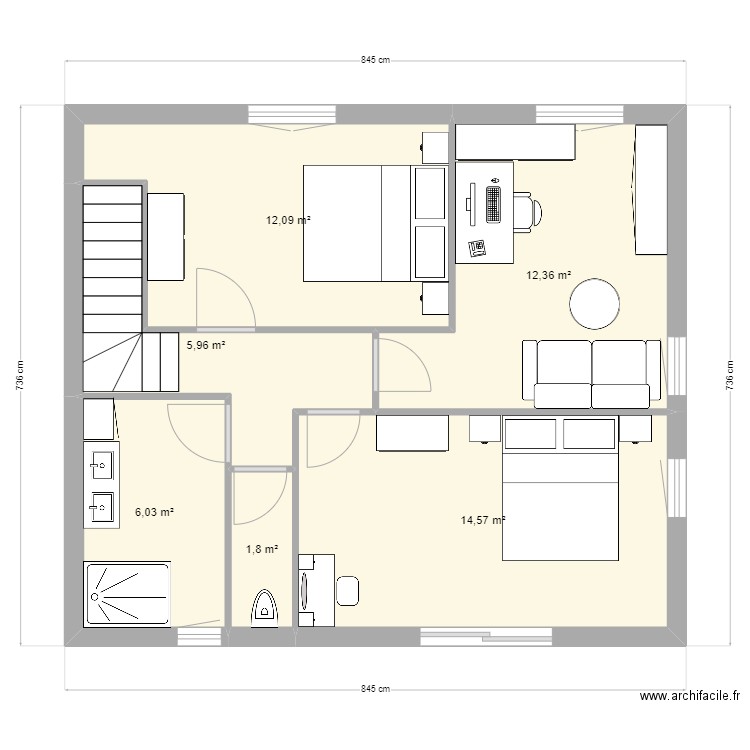 etage projet. Plan de 6 pièces et 53 m2