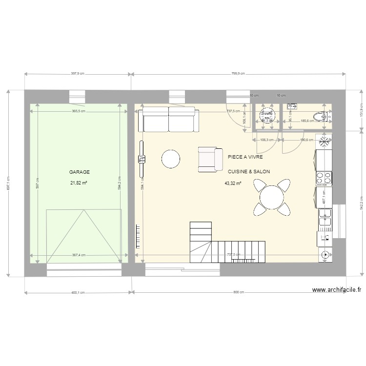 LOGEMENT  RDC FACADE. Plan de 2 pièces et 65 m2