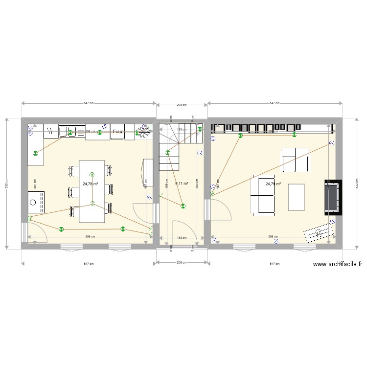 Cuisine-Salonv2. Plan de 3 pièces et 59 m2