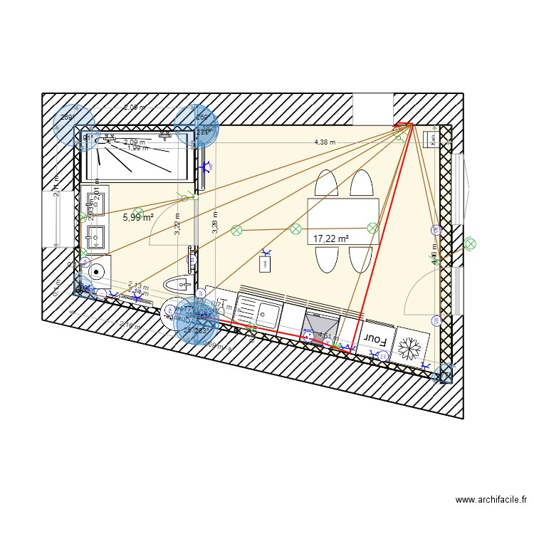 Cuisine_Murs_Iso_SdB_Cuis-Gch_Elec_Plomb. Plan de 2 pièces et 23 m2