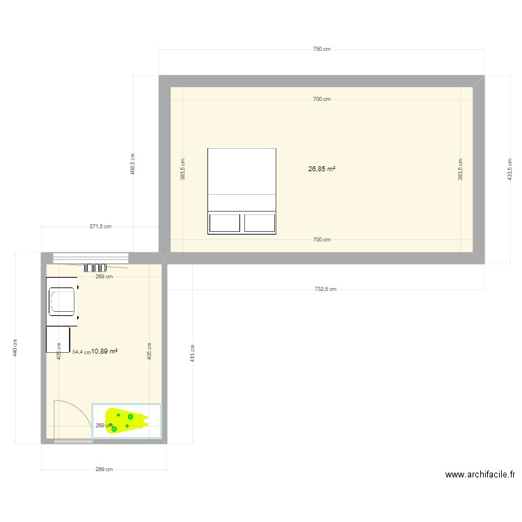 chambre. Plan de 2 pièces et 38 m2