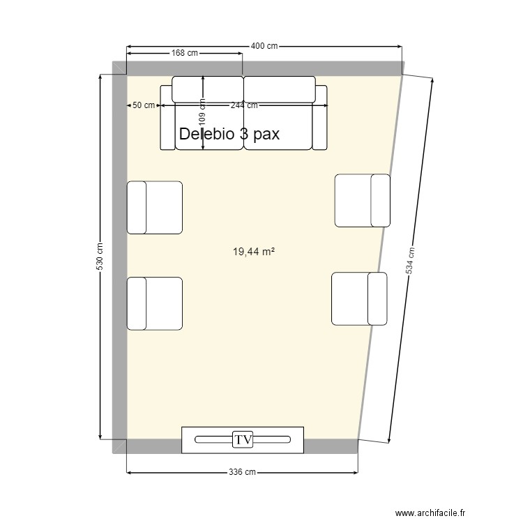 Tv canapé 3 places. Plan de 1 pièce et 19 m2