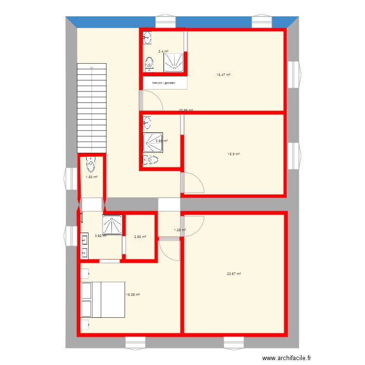 partie nuit avec murs bloqués et fenetres suite. Plan de 0 pièce et 0 m2