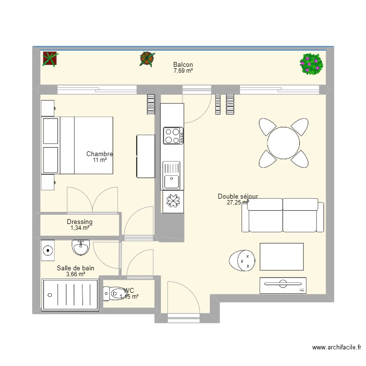 Appt 2023 cuisine ouverte BIS. Plan de 6 pièces et 52 m2