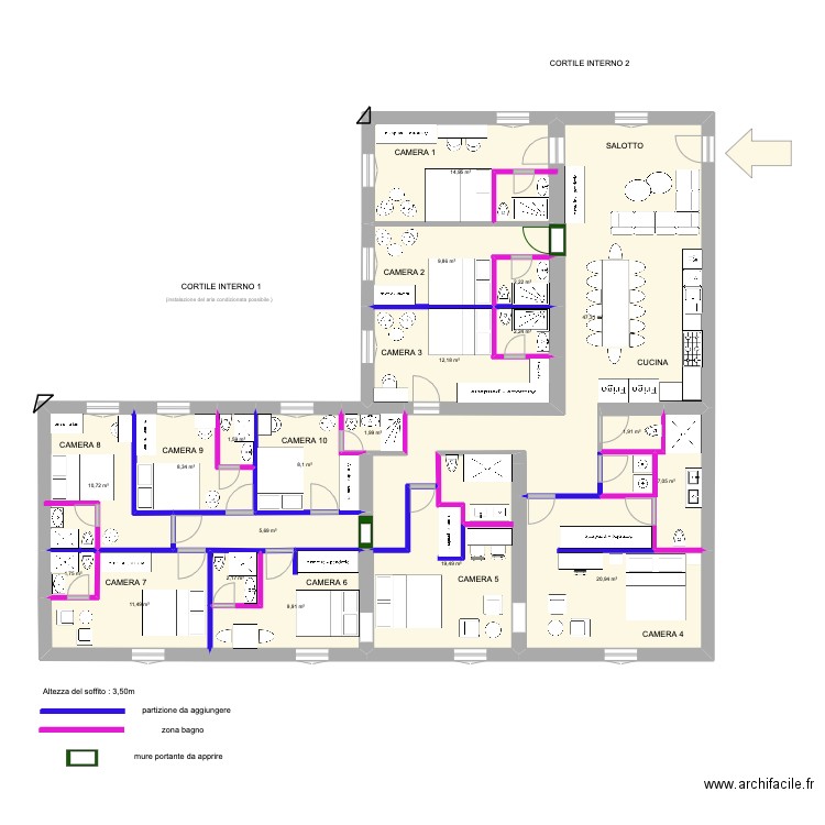 250 AMEUBLEMENT. Plan de 20 pièces et 200 m2