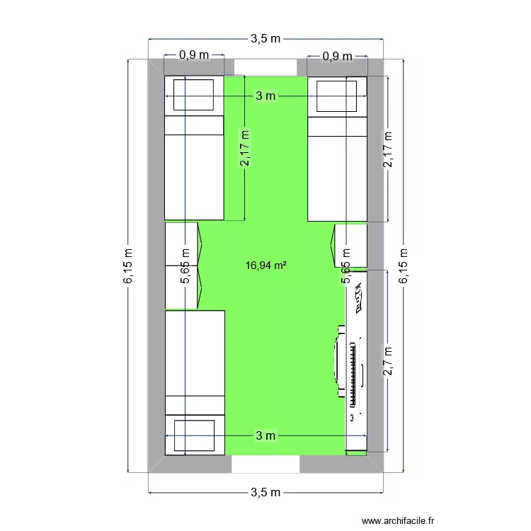 Chambre en 3. Plan de 