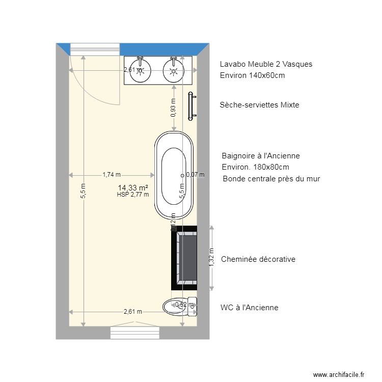 Nébias - SDB au dessus de la Cuisine . Plan de 1 pièce et 14 m2