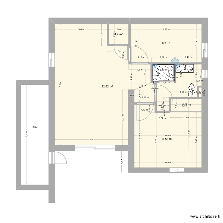 Rez de chaussée cuisine. Plan de 6 pièces et 55 m2