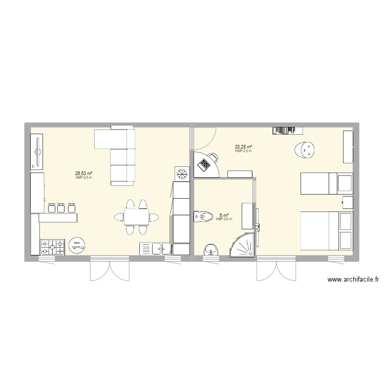 cuisine. Plan de 3 pièces et 53 m2