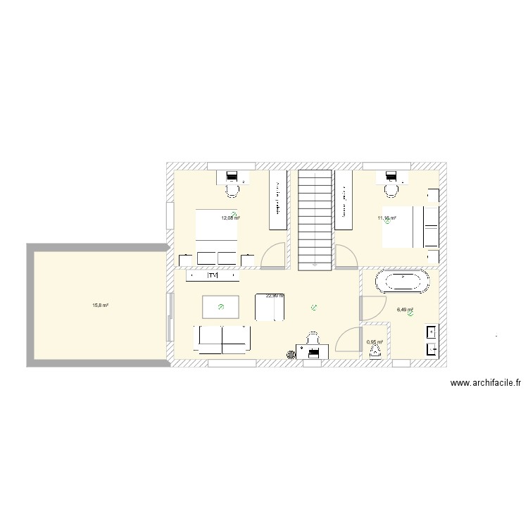 Premier Etage Donville. Plan de 6 pièces et 69 m2