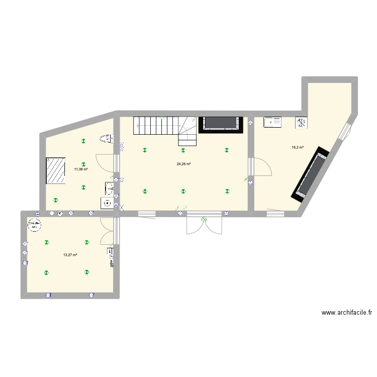 RDC Pomels. Plan de 4 pièces et 65 m2