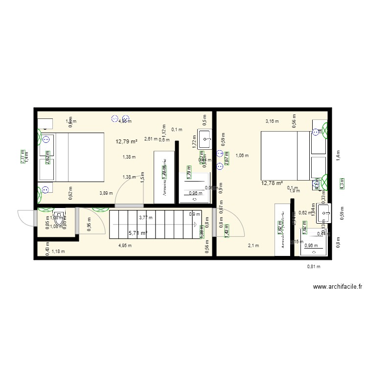 chambre etage modif meublé. Plan de 4 pièces et 32 m2