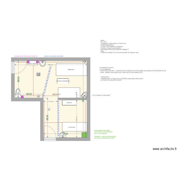 salle de bain internat V3. Plan de 1 pièce et 27 m2
