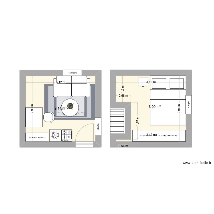 appart. Plan de 2 pièces et 17 m2