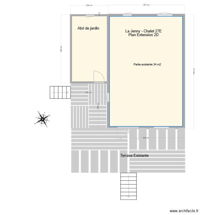 Plan Extension 2D avec terrasse. Plan de 2 pièces et 44 m2