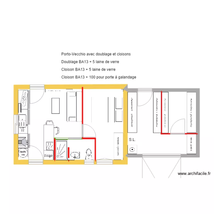 Povo garage avec doublage et cloisons. Plan de 