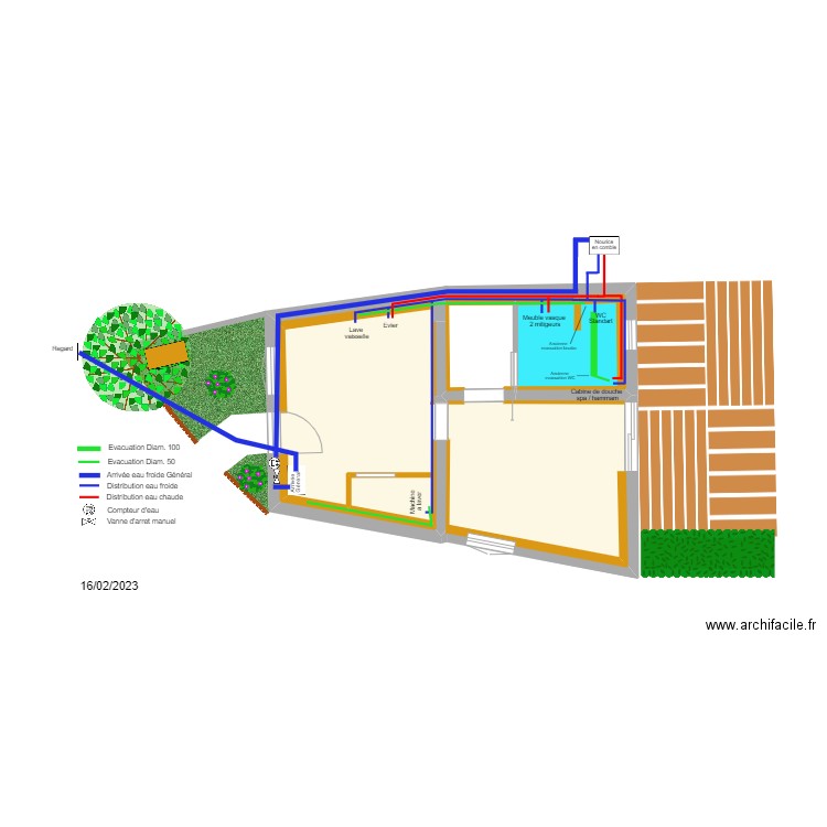 Plan Reseau d'eau RDC Coemont. Plan de 3 pièces et 28 m2