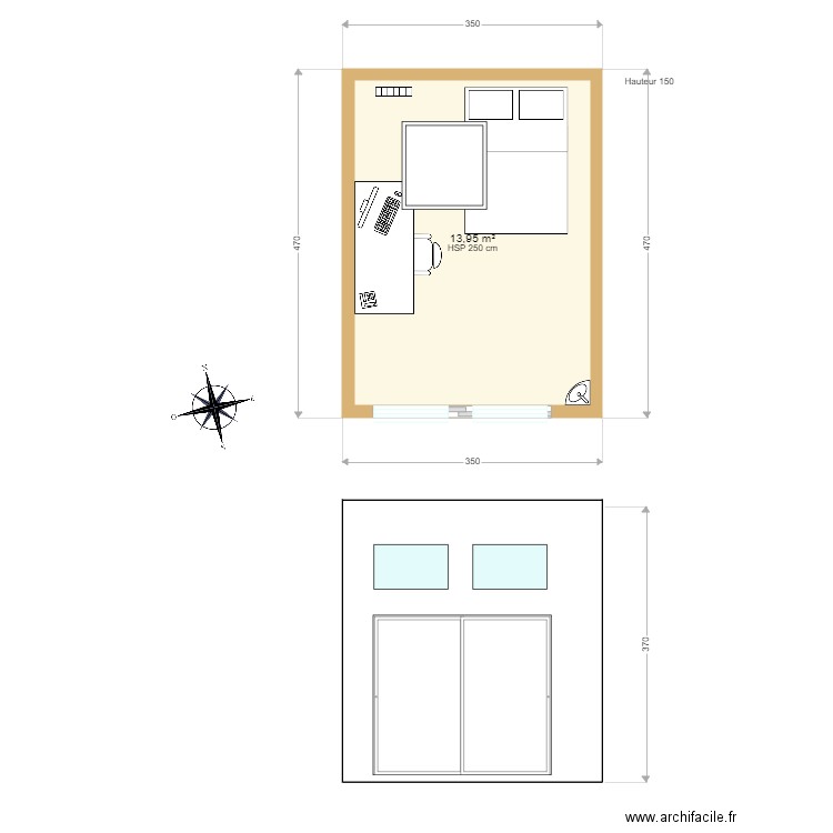 Cabanon470350 simple étage. Plan de 1 pièce et 14 m2