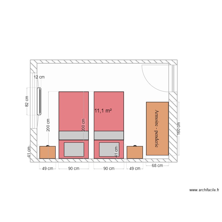 chambre amis. Plan de 1 pièce et 11 m2