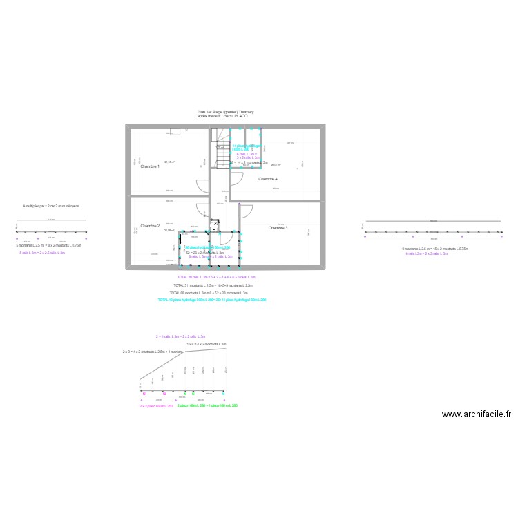 calcul placo grenier maison Thomery 3 sdd. Plan de 5 pièces et 102 m2