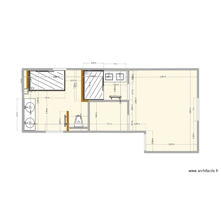 SDB Agencement 2. Plan de 2 pièces et 22 m2