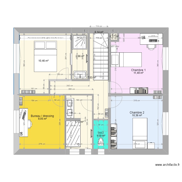 Etage modifié v2. Plan de 10 pièces et 59 m2