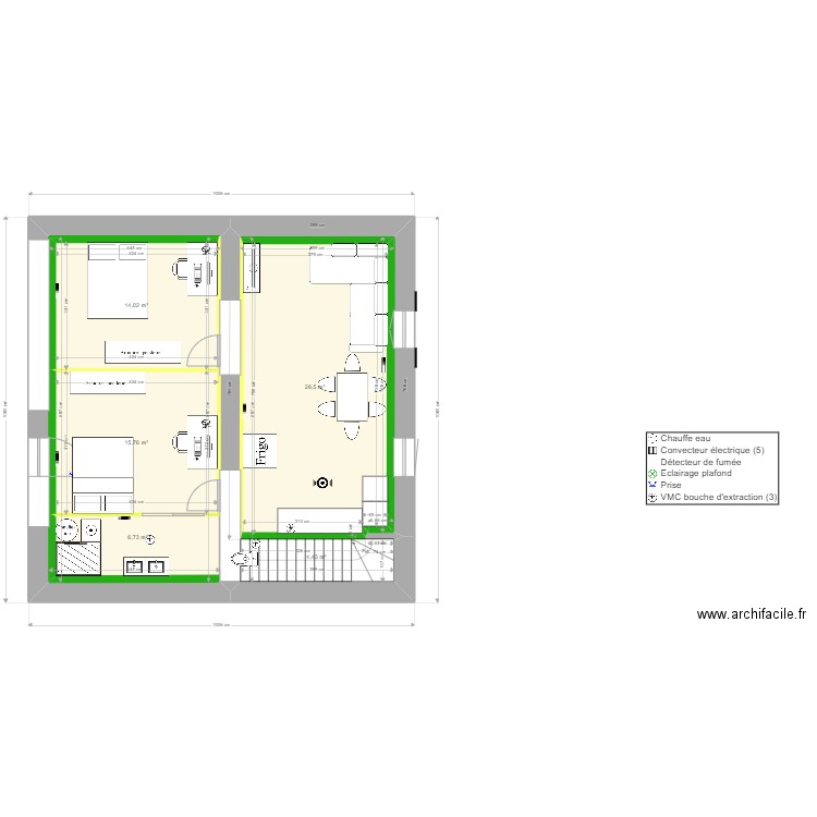 RDC définitif. Plan de 5 pièces et 103 m2