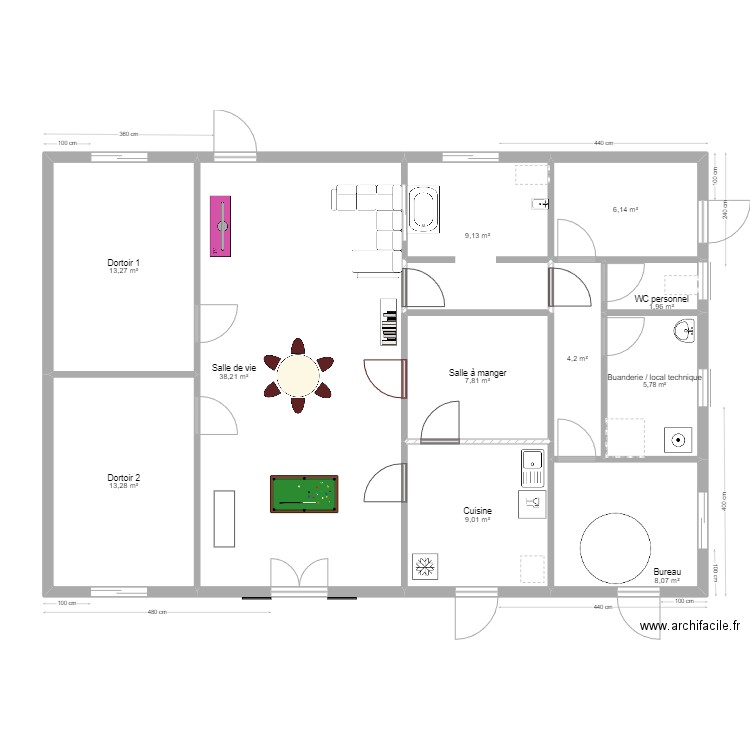 DM Aménagement de l'espce. Plan de 11 pièces et 117 m2