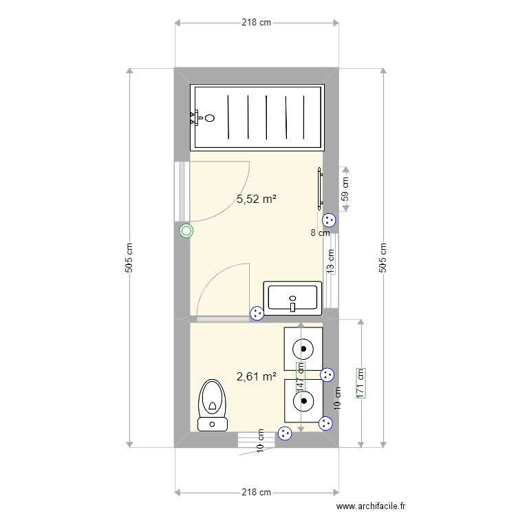 salle de bain 3. Plan de 2 pièces et 8 m2