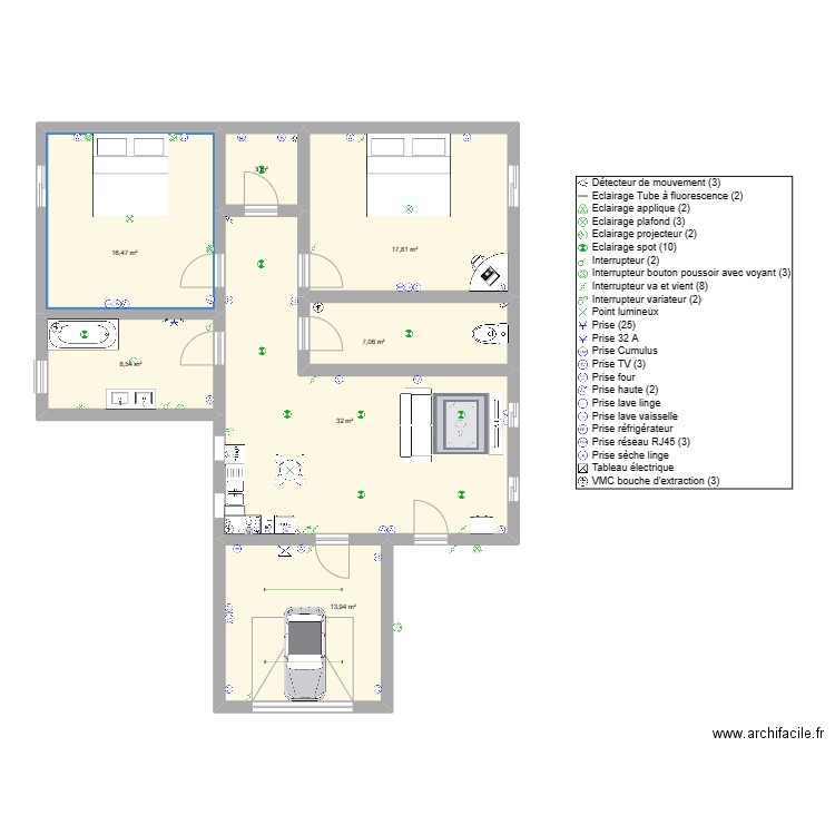 plan de maison installation électrique total. Plan de 7 pièces et 99 m2