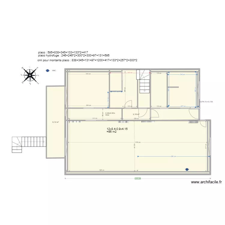 placo rdc maison Thomery mur chbre intact version baignoire. Plan de 