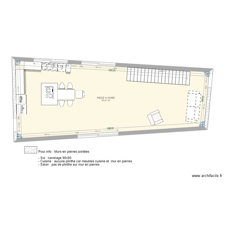 Pièce à vivre côtes placo finit. Plan de 1 pièce et 67 m2