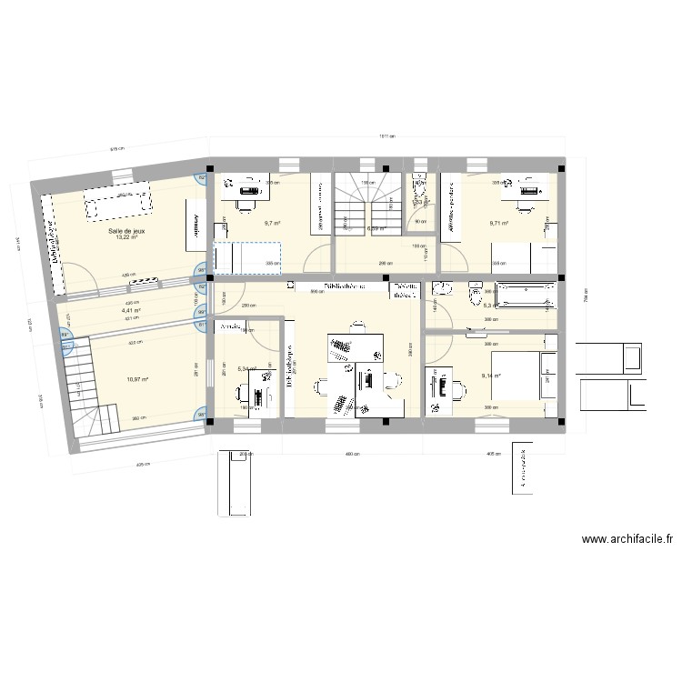 barre r+1 : bureaux+ch d'amis. Plan de 11 pièces et 93 m2