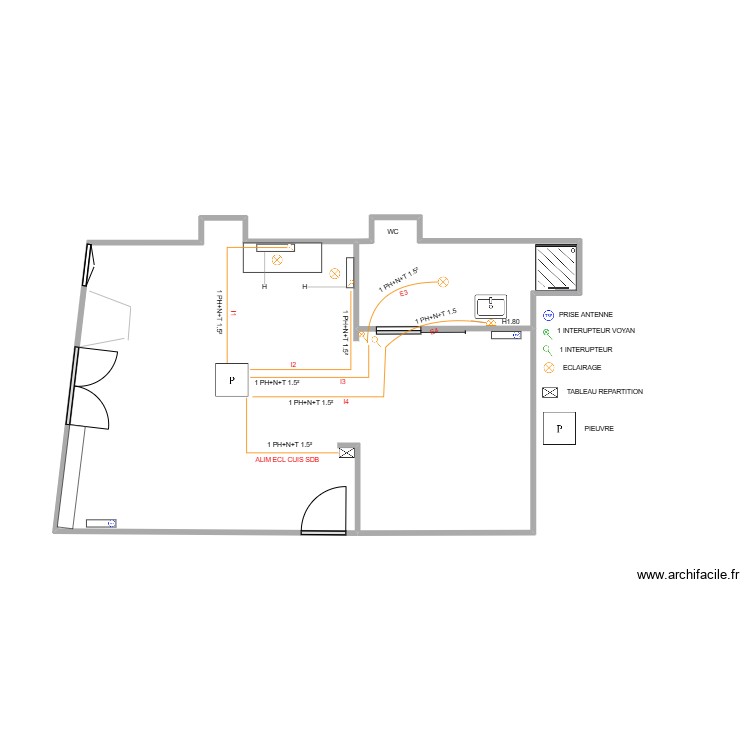 plans studio ECLAIRAGE CUISINE+SDB. Plan de 0 pièce et 0 m2
