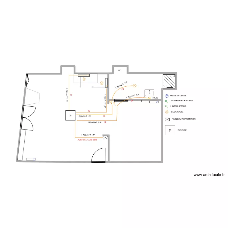 plans studio ECLAIRAGE CUISINE+SDB. Plan de 