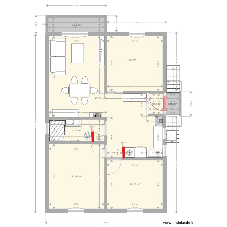 Maison des potiers Version 5. Plan de 8 pièces et 75 m2