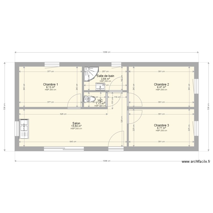 Maison 3 chambres 50 m². Plan de 6 pièces et 48 m2