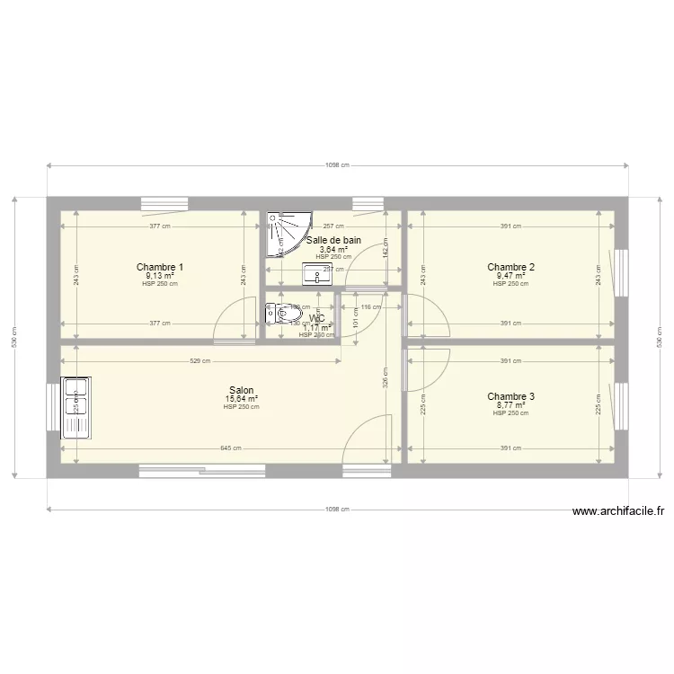 Maison 3 chambres 50 m&sup2;. Plan de 