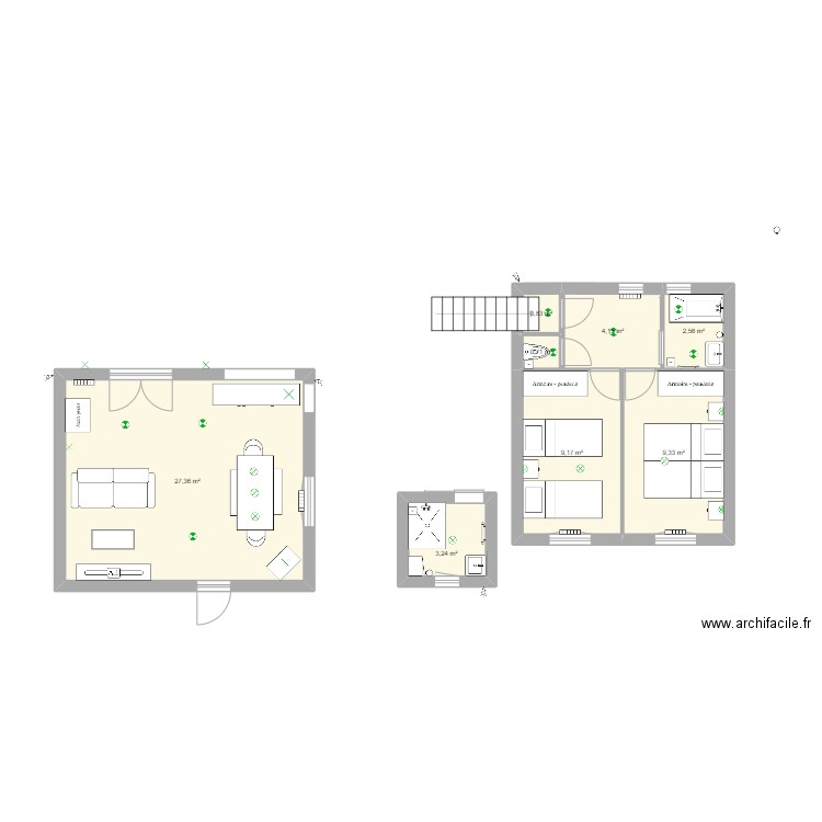 salle. Plan de 8 pièces et 57 m2