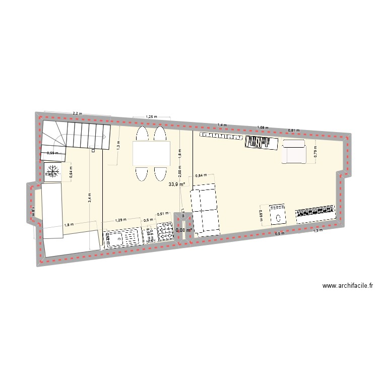 rdc actuel. Plan de 2 pièces et 34 m2