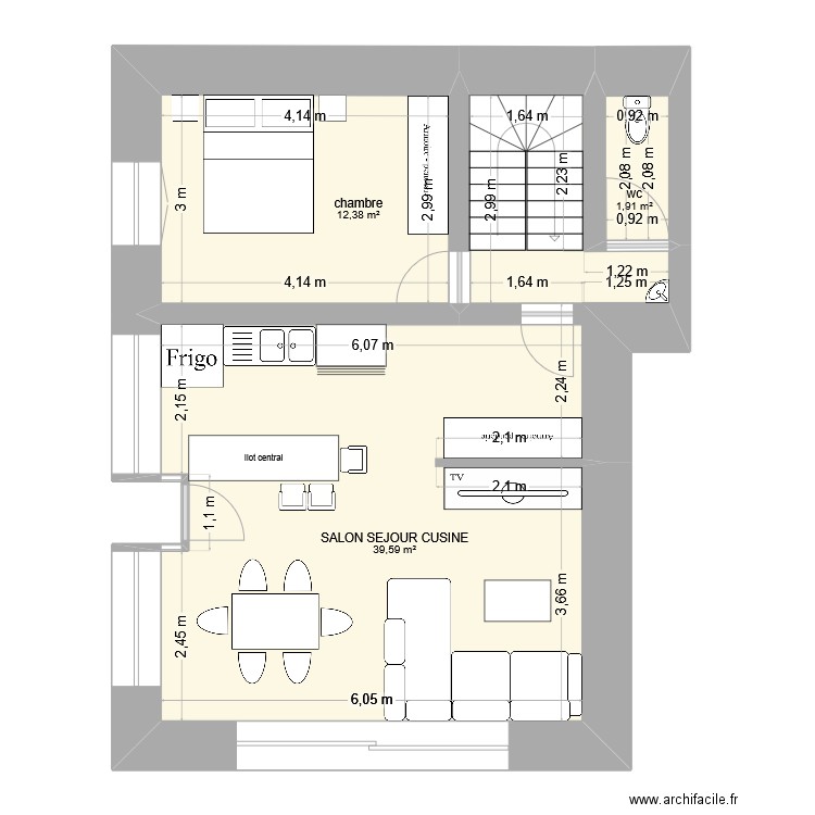 rdc 2 location. Plan de 3 pièces et 54 m2