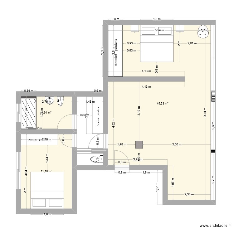Appartement V3. Plan de 3 pièces et 61 m2