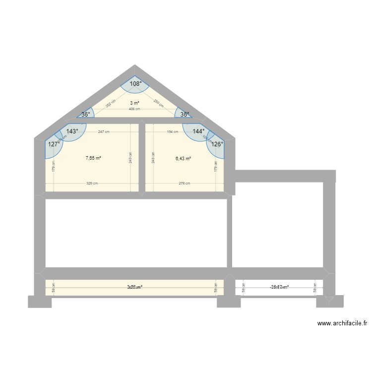 Coupe KD. Plan de 5 pièces et 23 m2