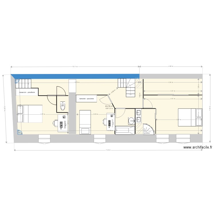 PJ EF4cot. Plan de 2 pièces et 128 m2