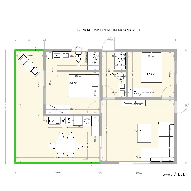 bungalow 2 chambres MOANA PREMIUM. Plan de 5 pièces et 71 m2