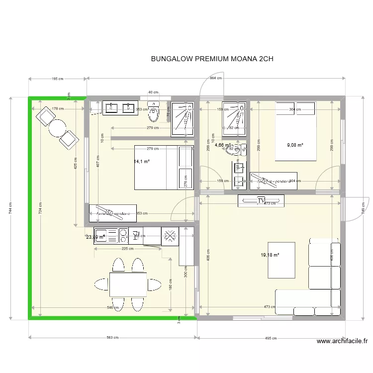 bungalow 2 chambres MOANA PREMIUM. Plan de 
