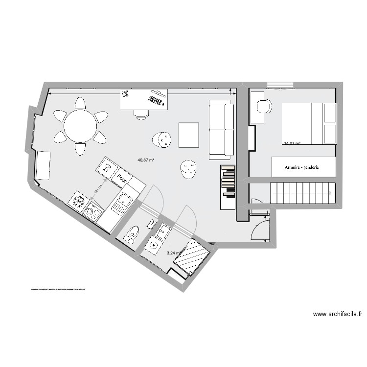 Immeubles industriels sdb cuisine inversés. Plan de 3 pièces et 58 m2