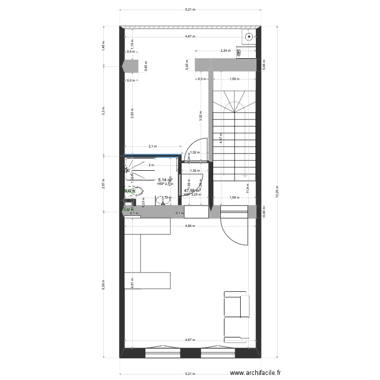 Victoire 52 version après travaux. Plan de 2 pièces et 53 m2